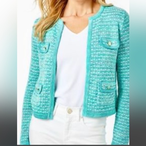 New! Lilly Pulitzer medium Kienna cardigan in blue/green metallic color. - Picture 9 of 14